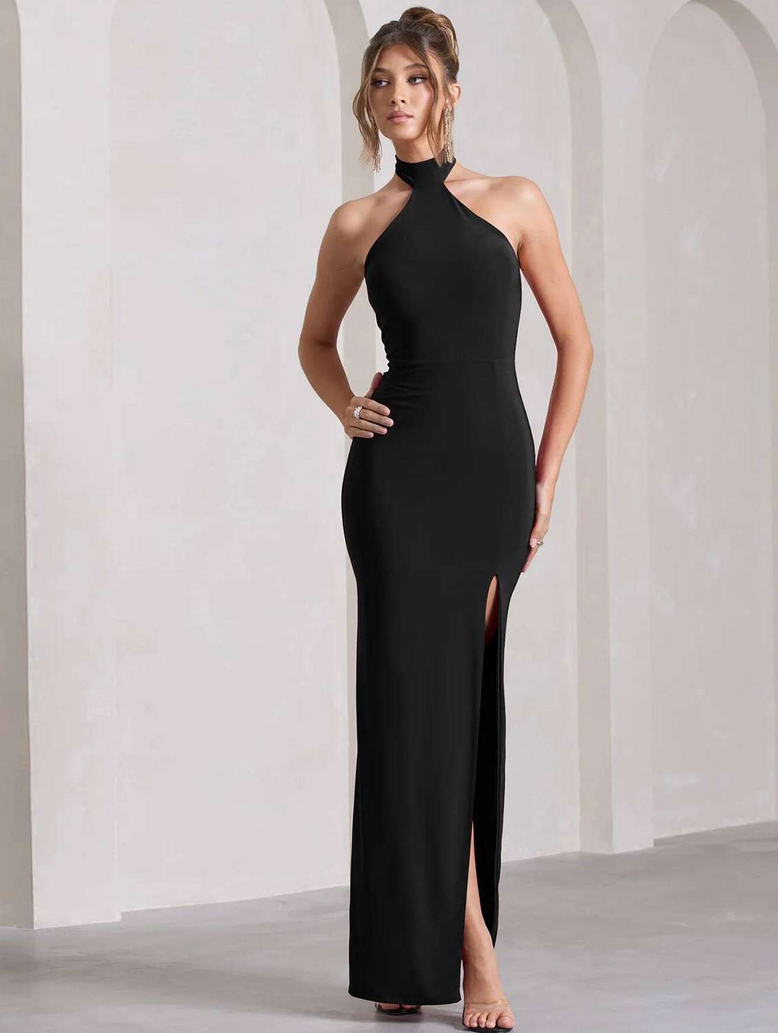 women solid halter neck high slit dress