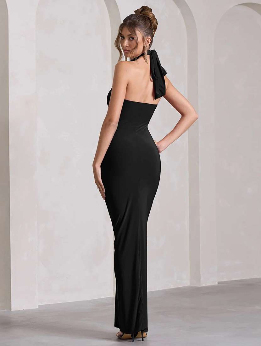 women solid halter neck high slit dress - 22518345 -  Standard Image - 3