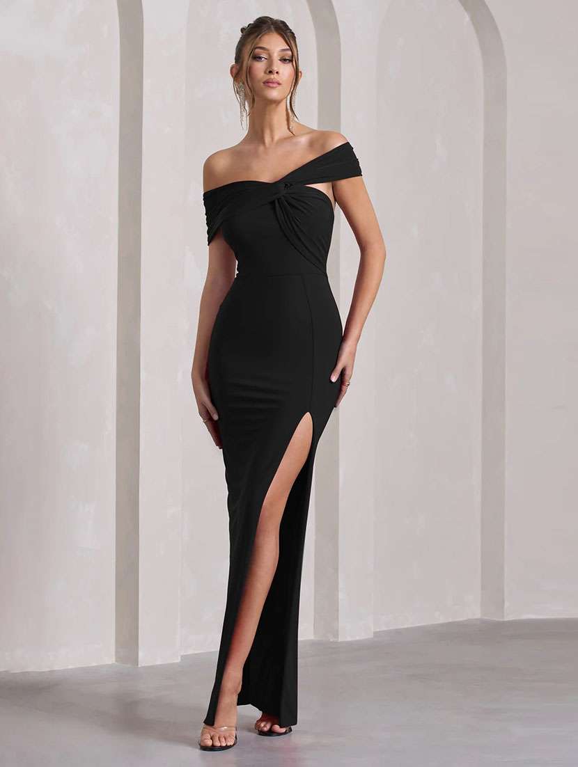 women solid off shoulder high slit dress