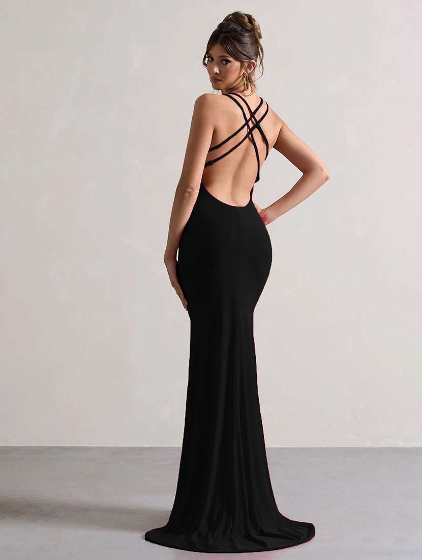 women solid shoulder strap high slit dress - 22518348 -  Standard Image - 3
