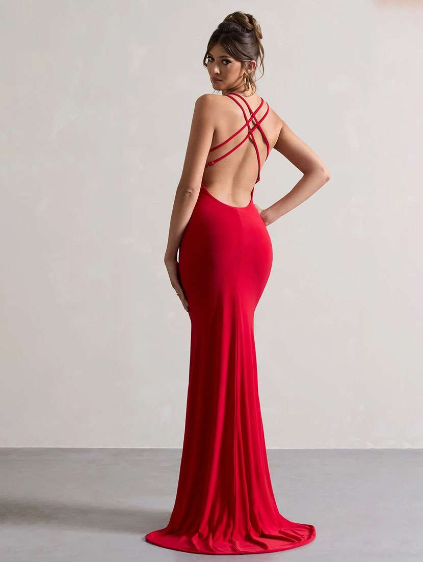 women solid shoulder strap high slit dress - 22518349 -  Standard Image - 3