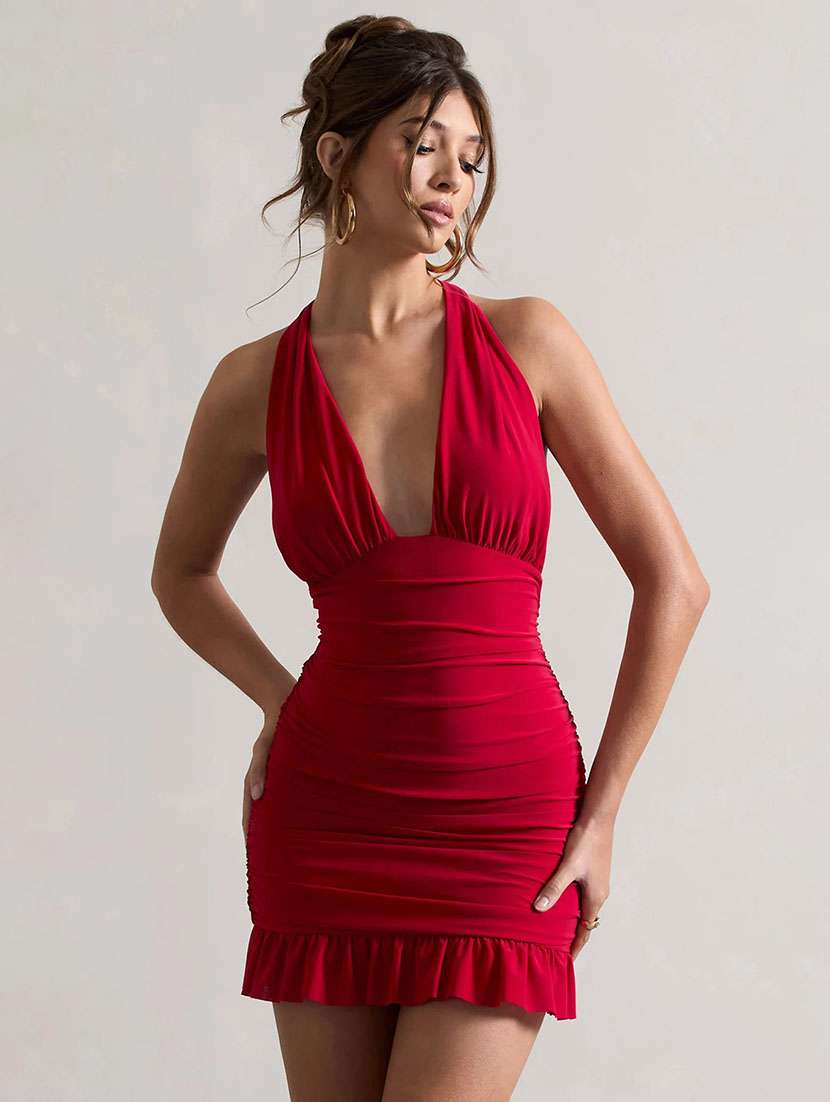 women solid halter neck bodycon dress