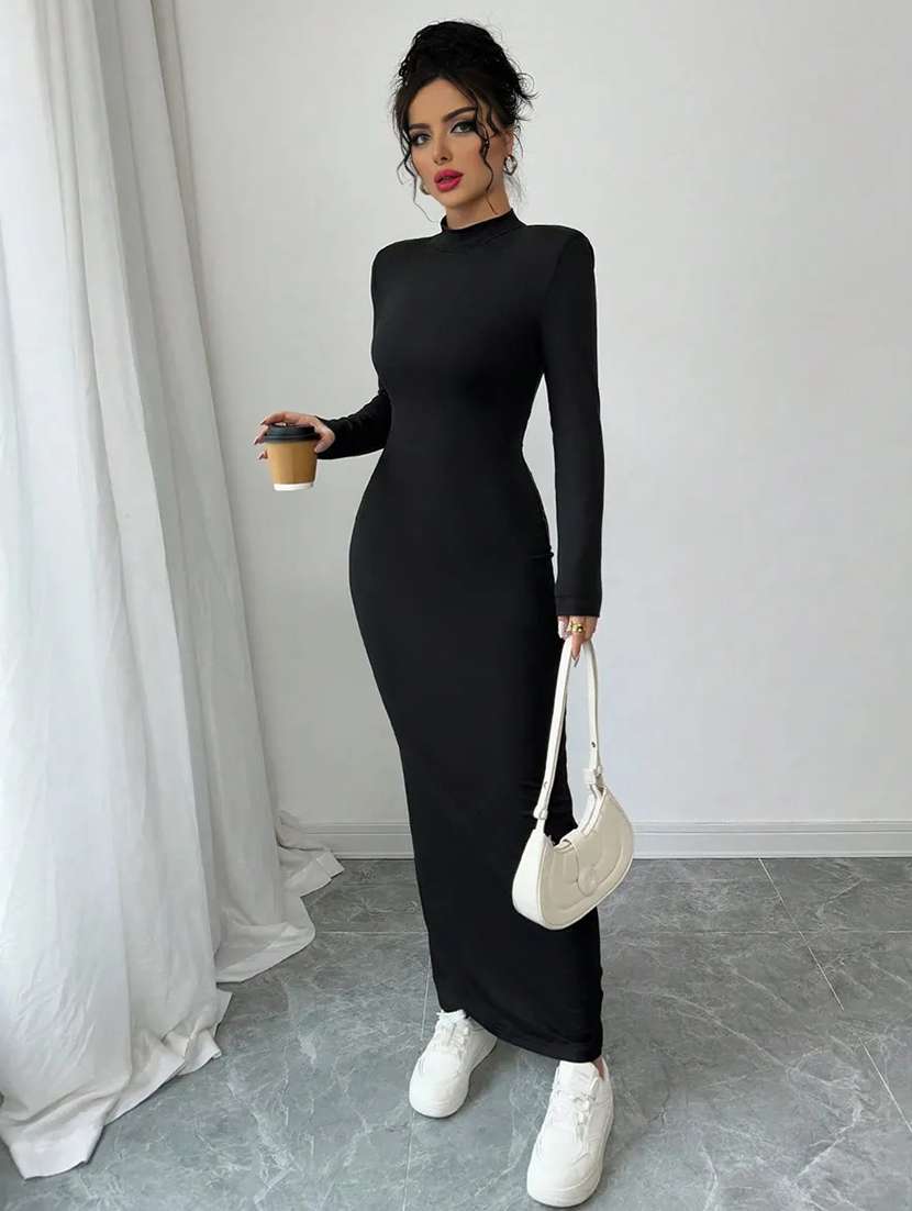 women solid high neck bodycon dress