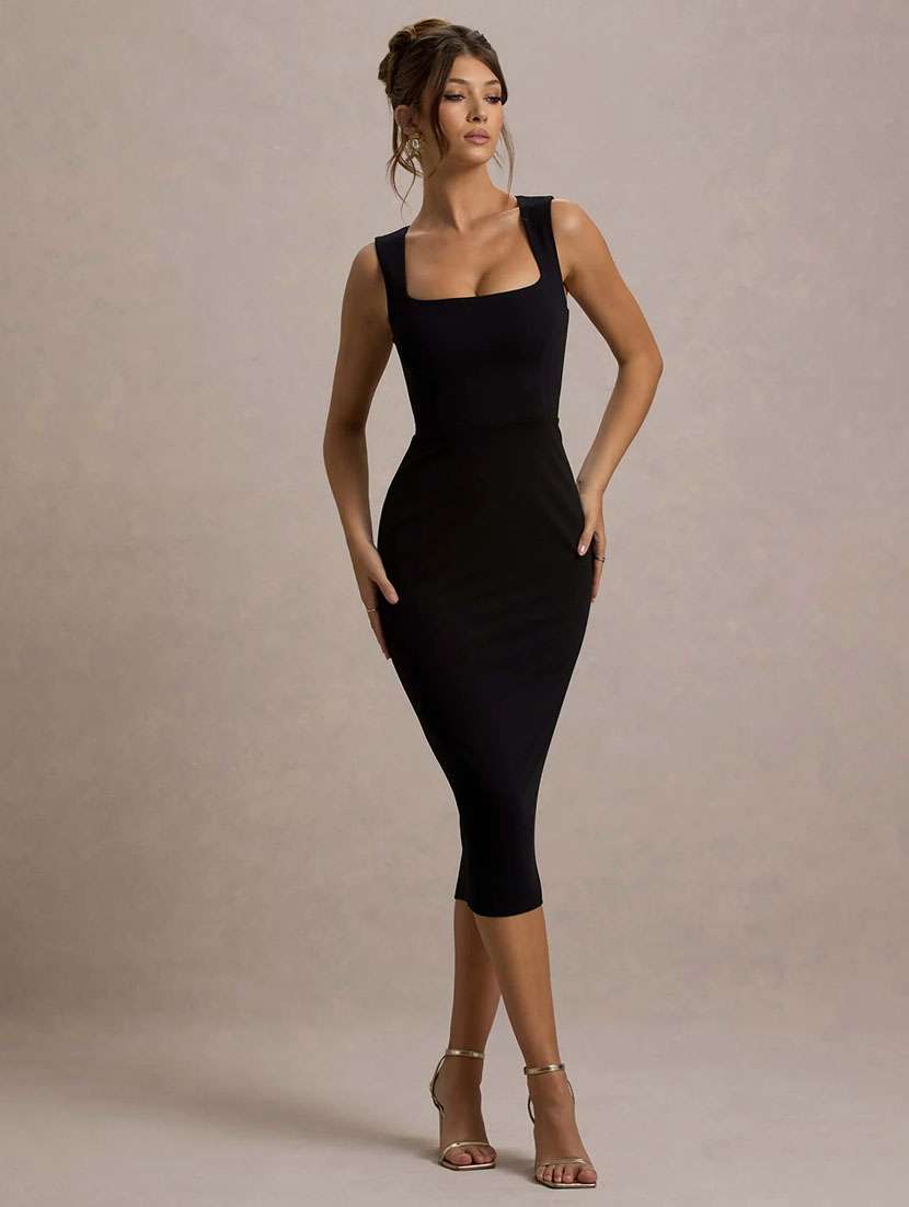 women solid shoulder strap bodycon dress