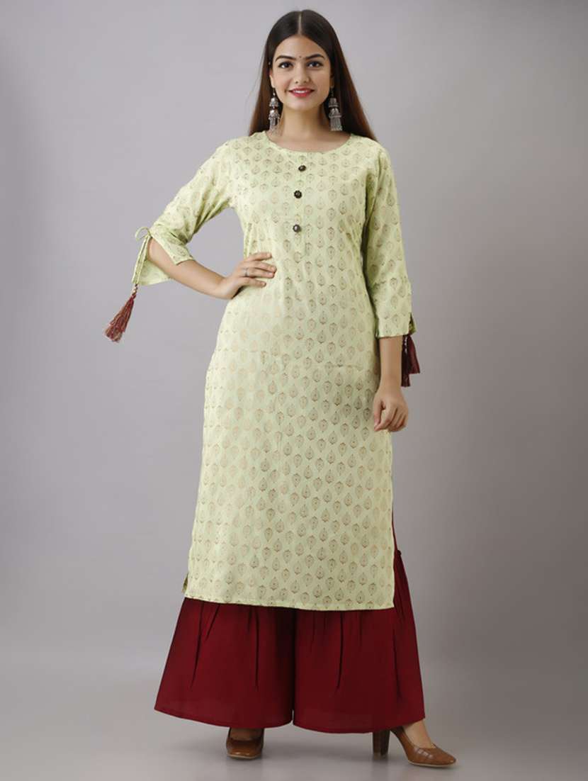 women printed three quarter sleeve kurta sharara set