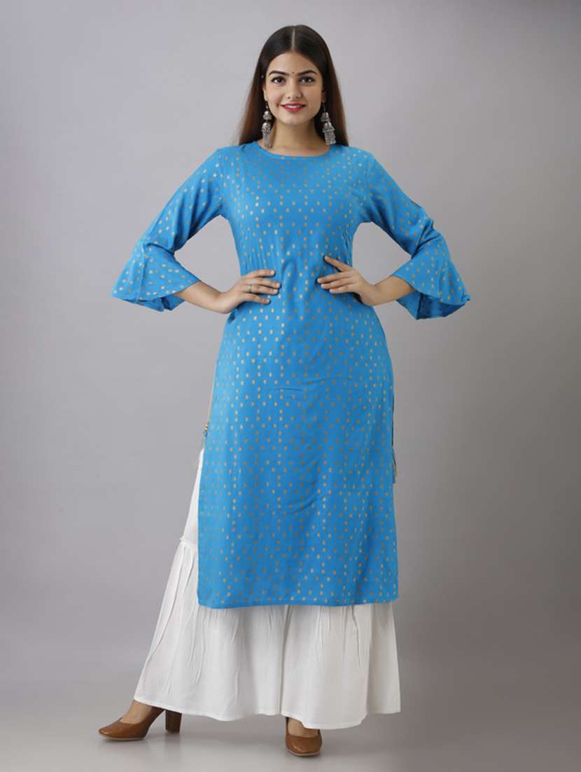 women printed three quarter sleeve kurta sharara set