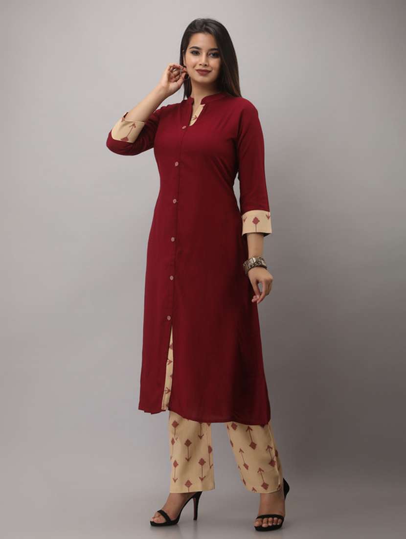 women solid three quarter sleeve kurta pant set - 22518397 -  Standard Image - 3