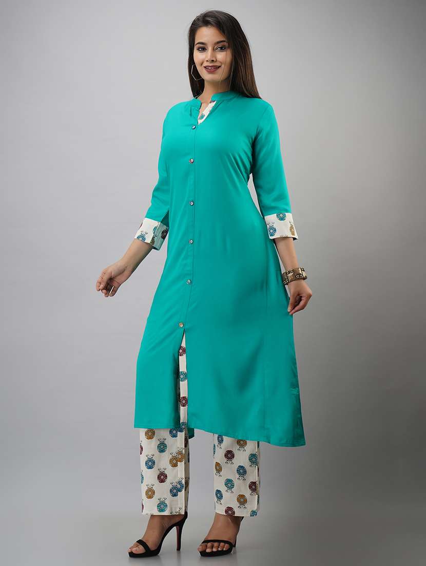 women solid three quarter sleeve kurta pant set - 22518398 -  Standard Image - 3