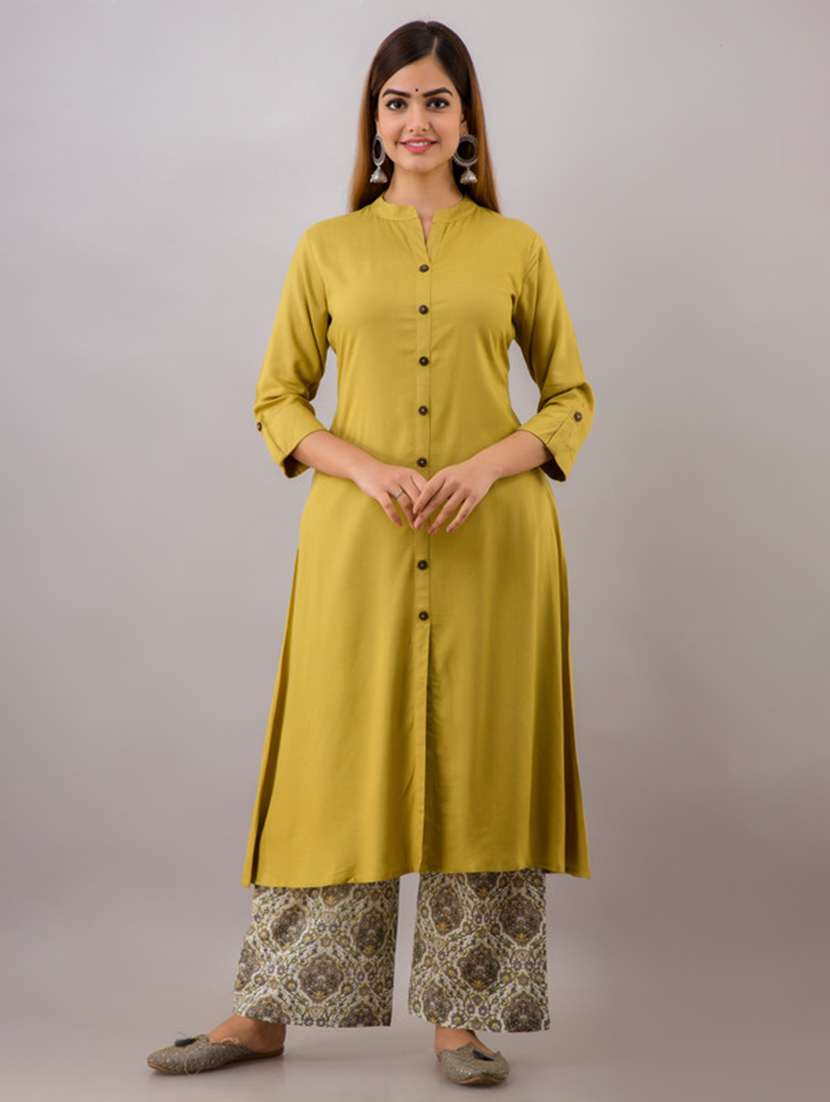women solid three quarter sleeve kurta palazzo set