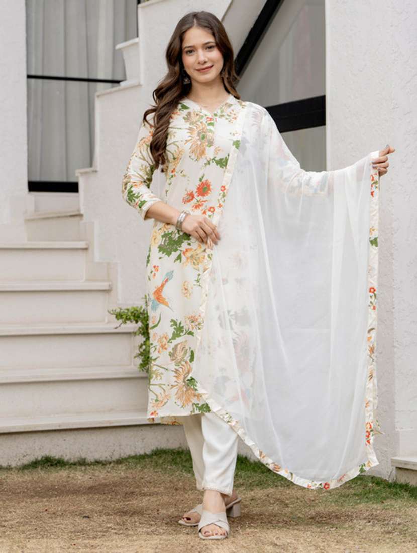 women printed three quarter sleeve kurta pant with dupatta set