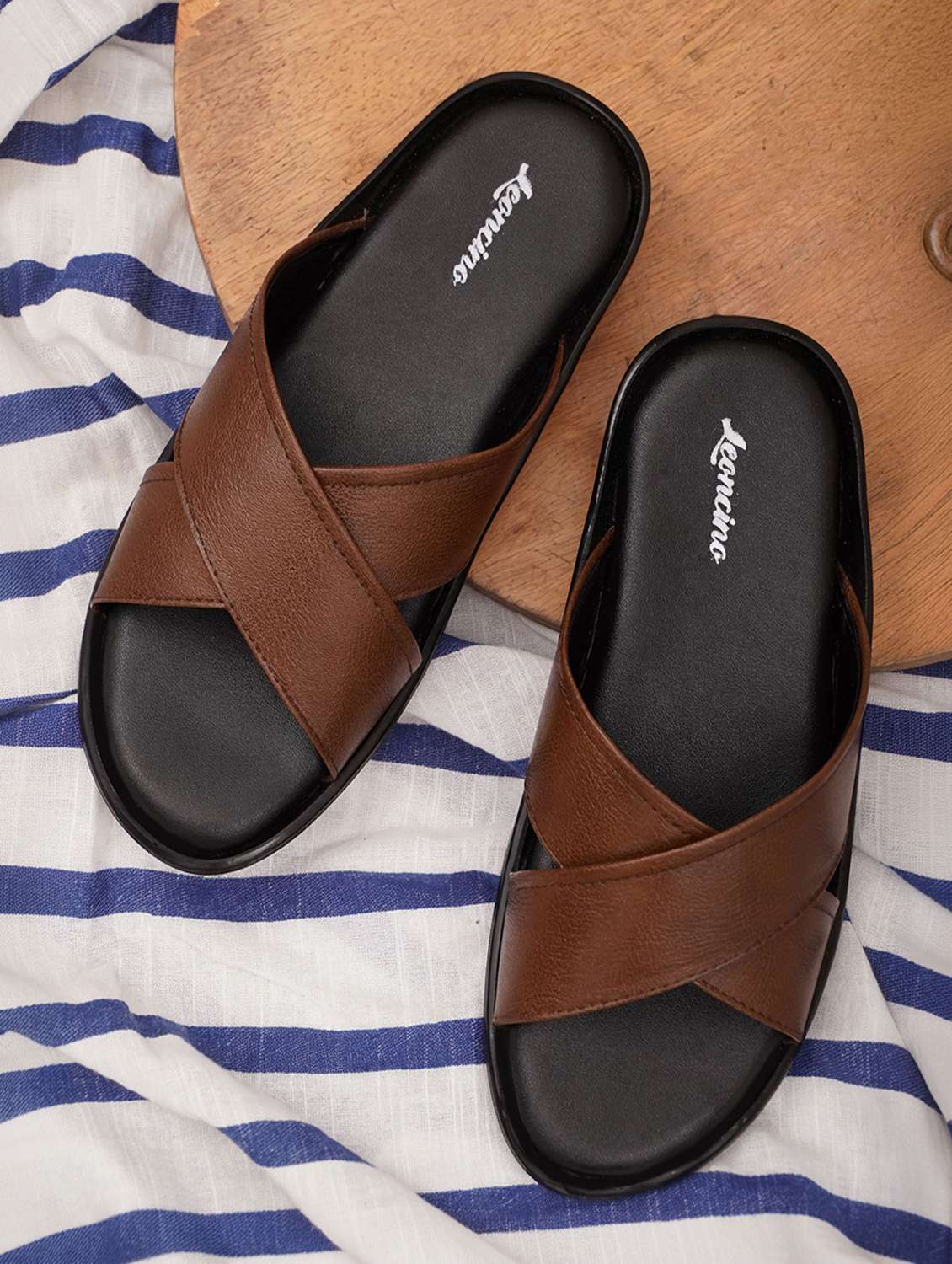men tan slip on sandal