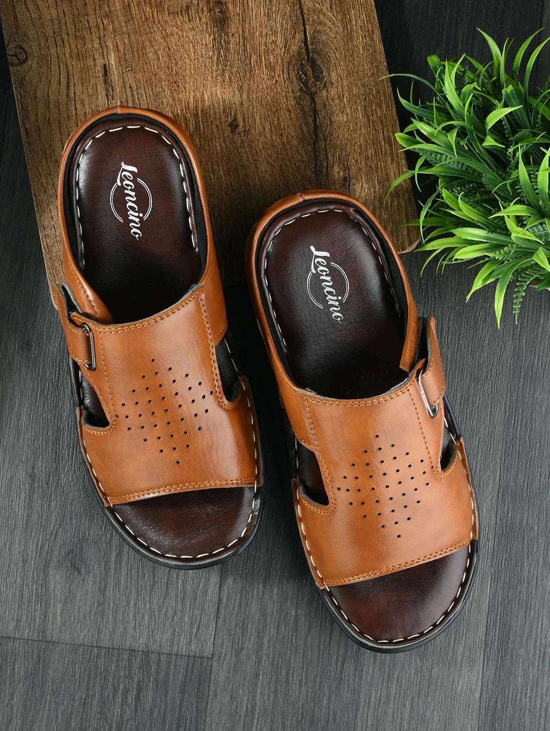 men tan slip on sandal