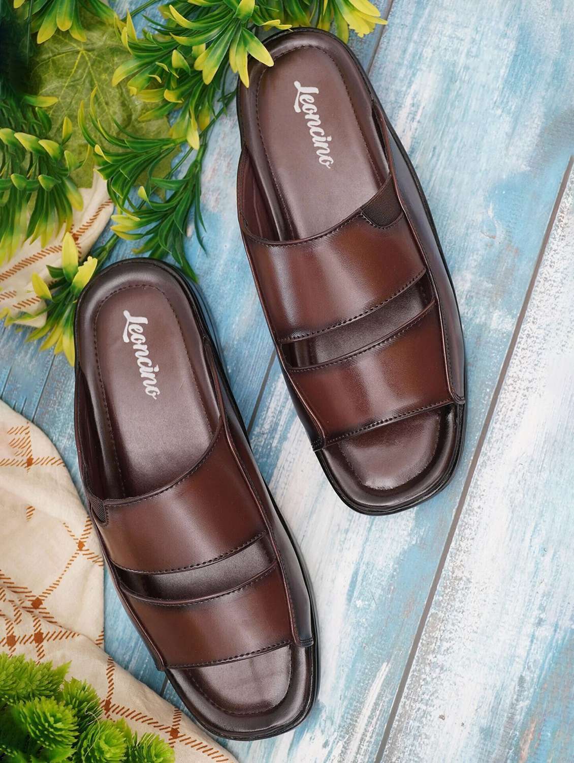 men brown slip on sandal