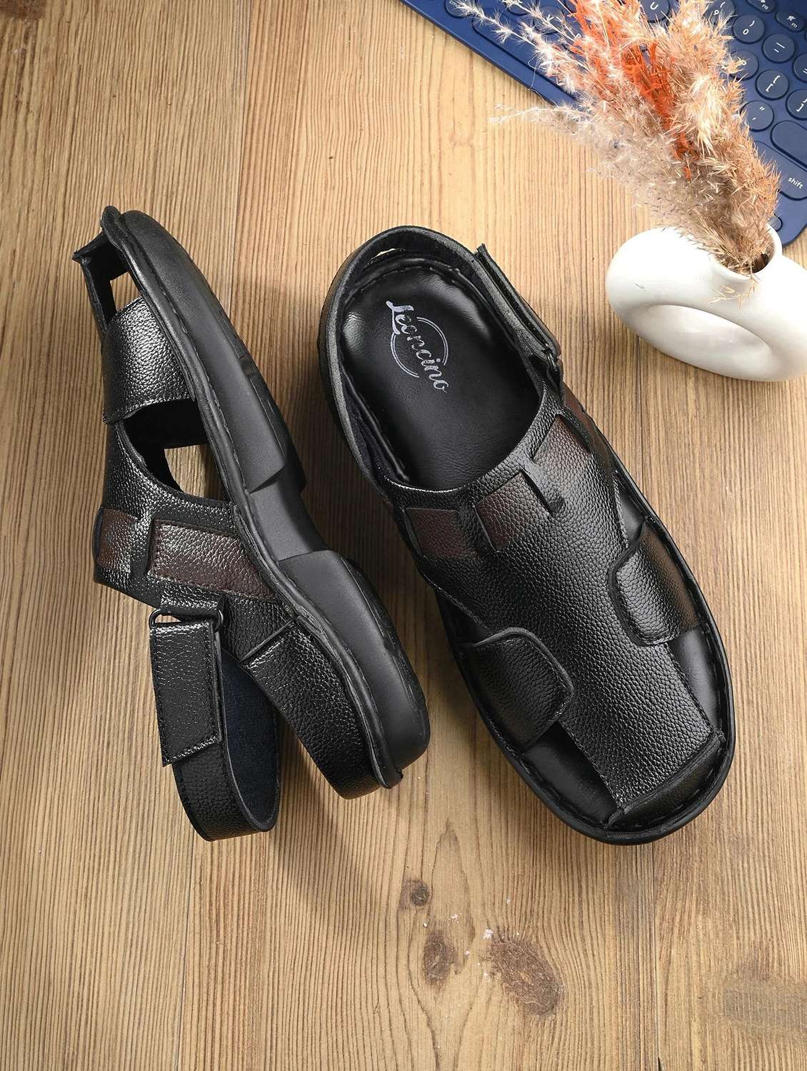 men black back strap sandal
