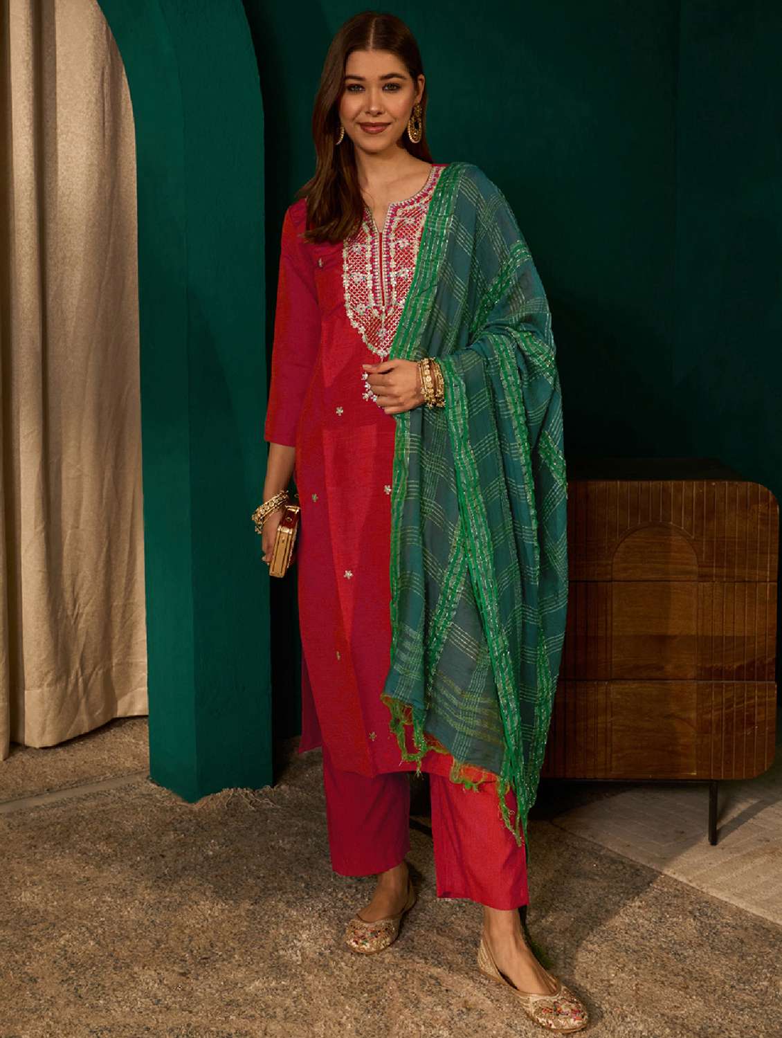 women embroidered three quarter sleeve kurta pant with dupatta set