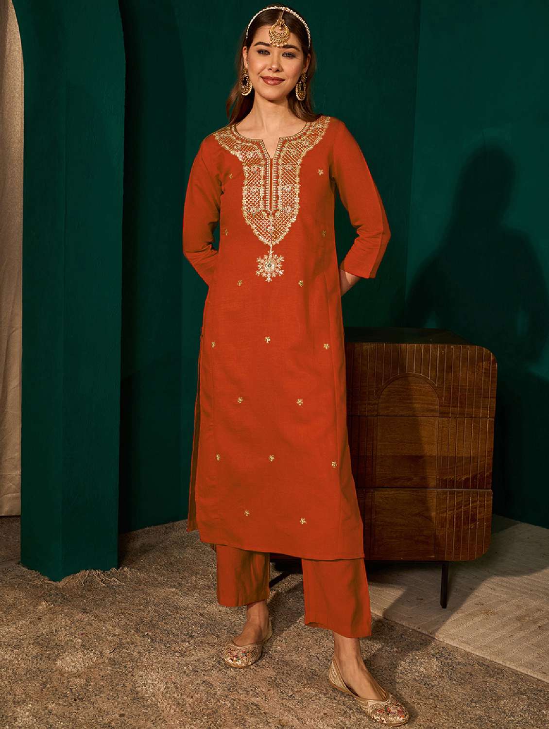 women embroidered three quarter sleeve kurta pant with dupatta set - 22518507 -  Standard Image - 5