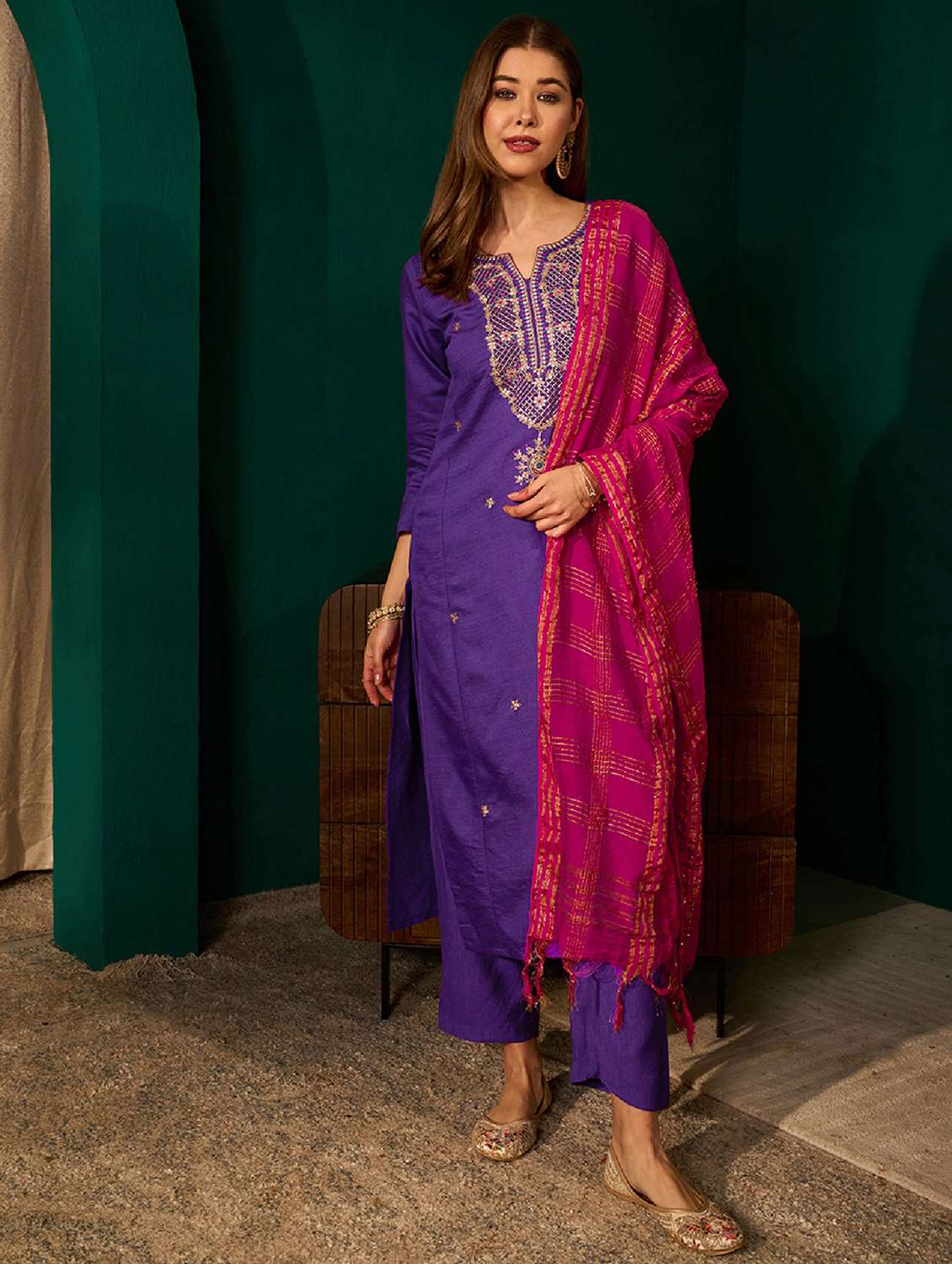 women embroidered three quarter sleeve kurta pant with dupatta set