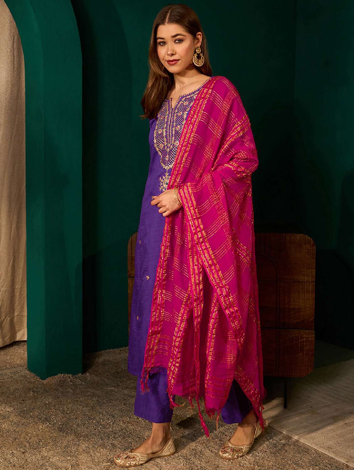 women embroidered three quarter sleeve kurta pant with dupatta set - 22518508 -  Standard Image - 3