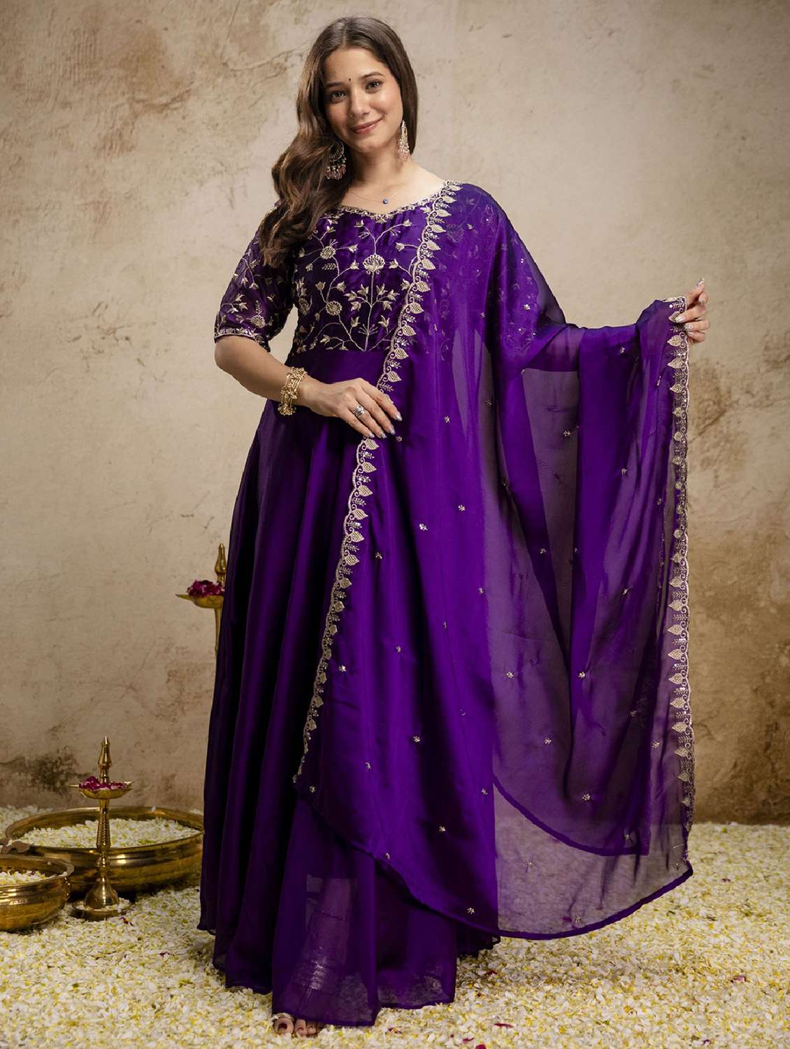 women embroidered short sleeve anarkali gown with dupatta