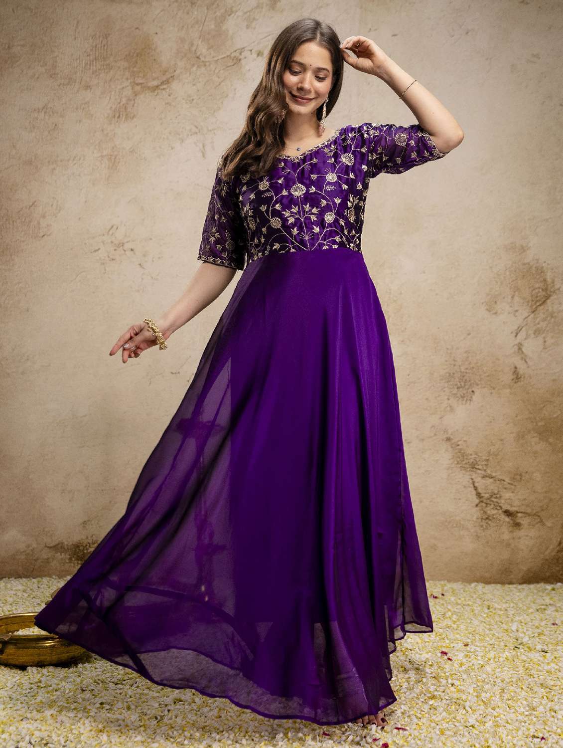 women embroidered short sleeve anarkali gown with dupatta - 22518537 -  Standard Image - 5