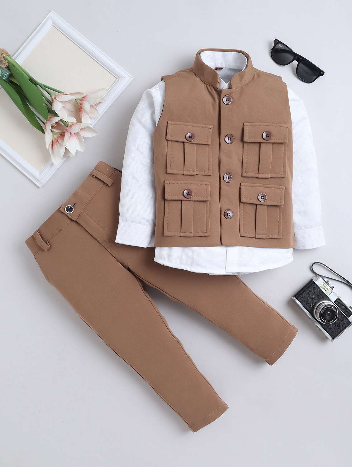 boys solid long sleeve shirt trouser with waistcoat