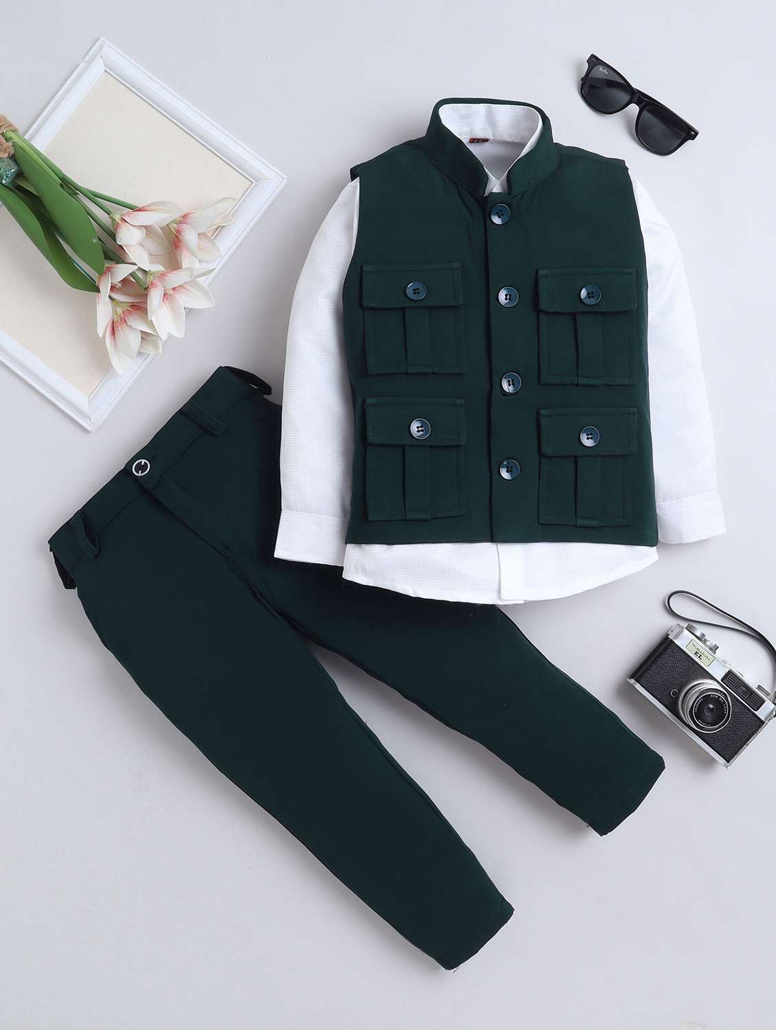 boys solid long sleeve shirt trouser with waistcoat