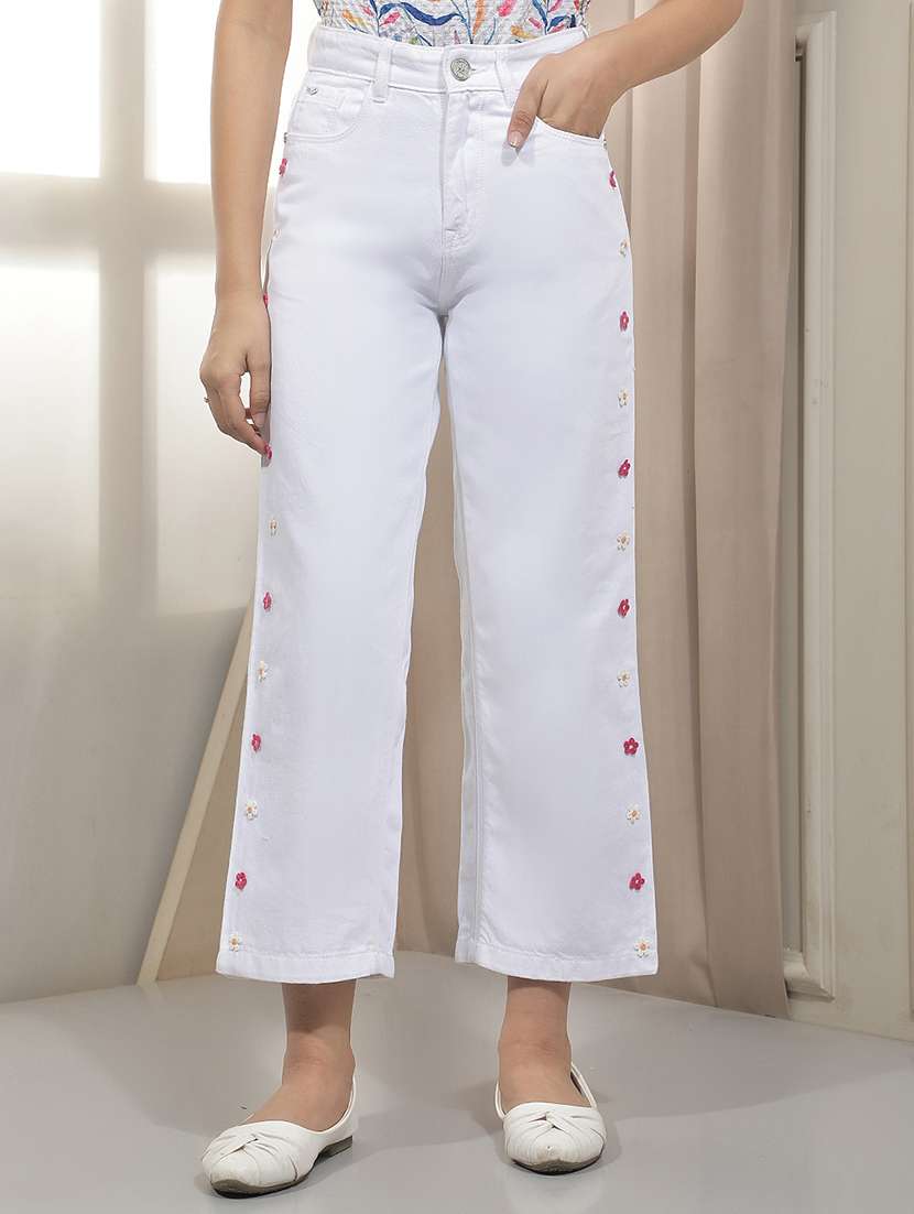 girls solid patched mid rise straight jeans