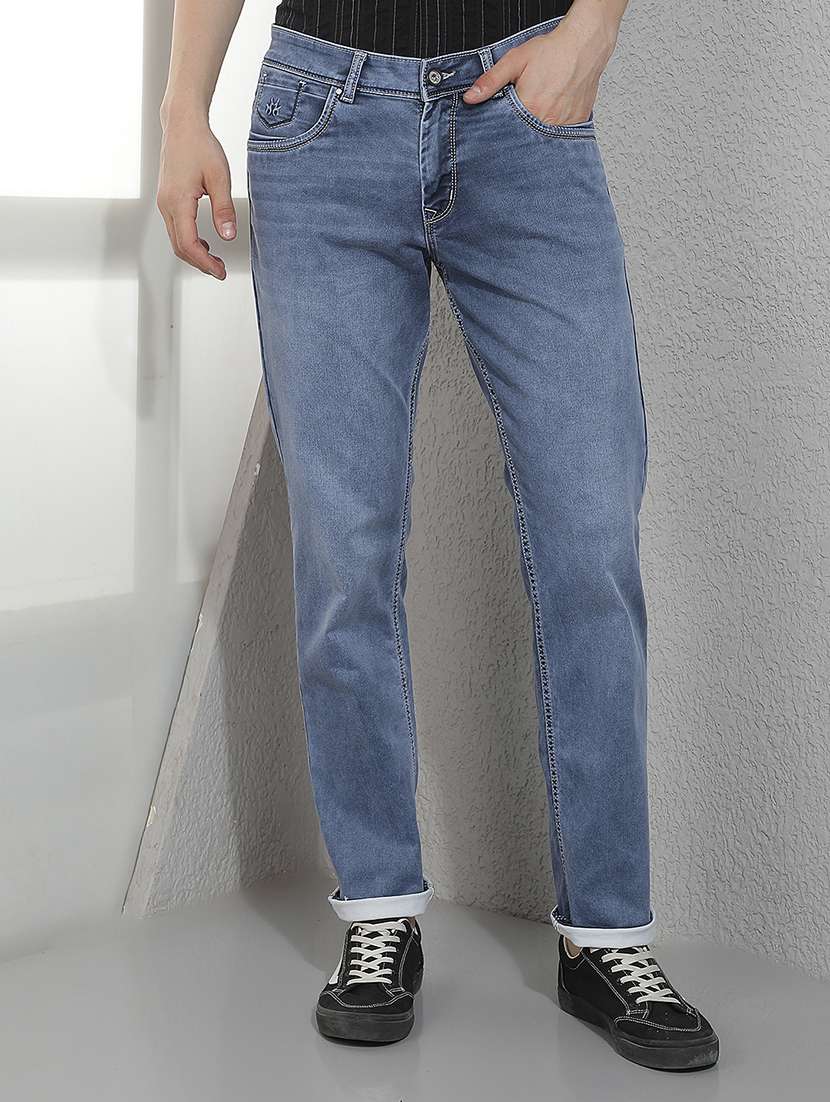 men washed mid rise full length tapered jeans