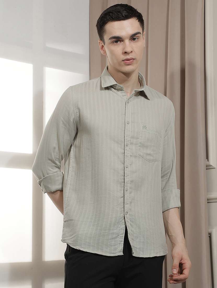 men striped long sleeve slim fit casual shirt