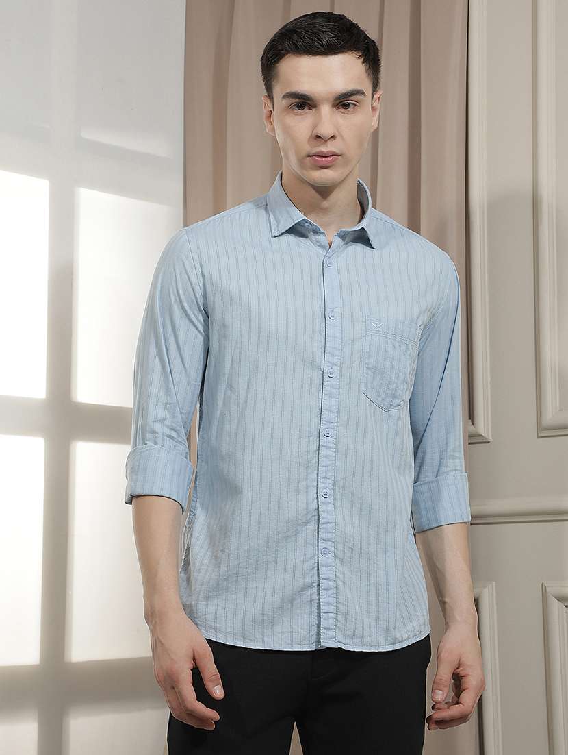men striped long sleeve slim fit casual shirt