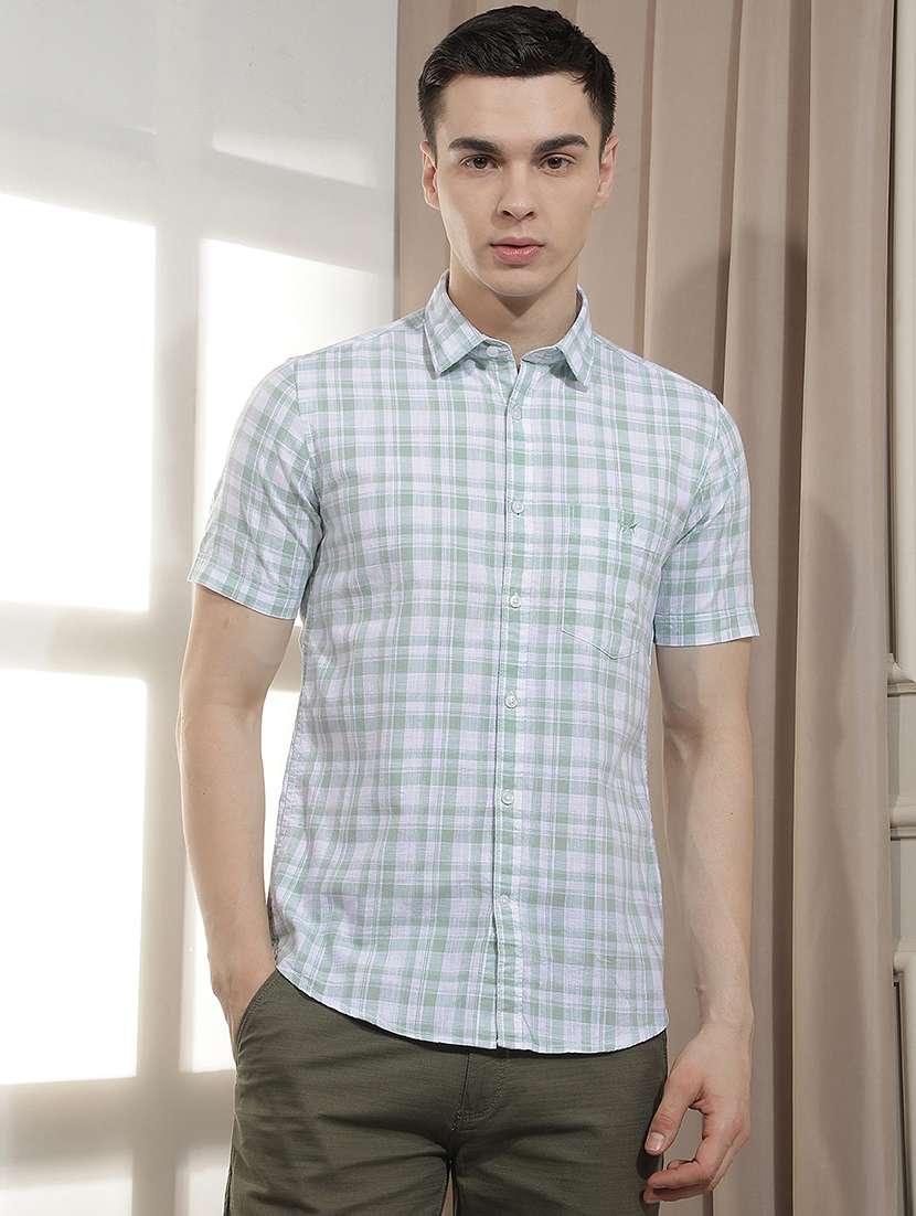 men checkered short sleeve slim fit casual shirt