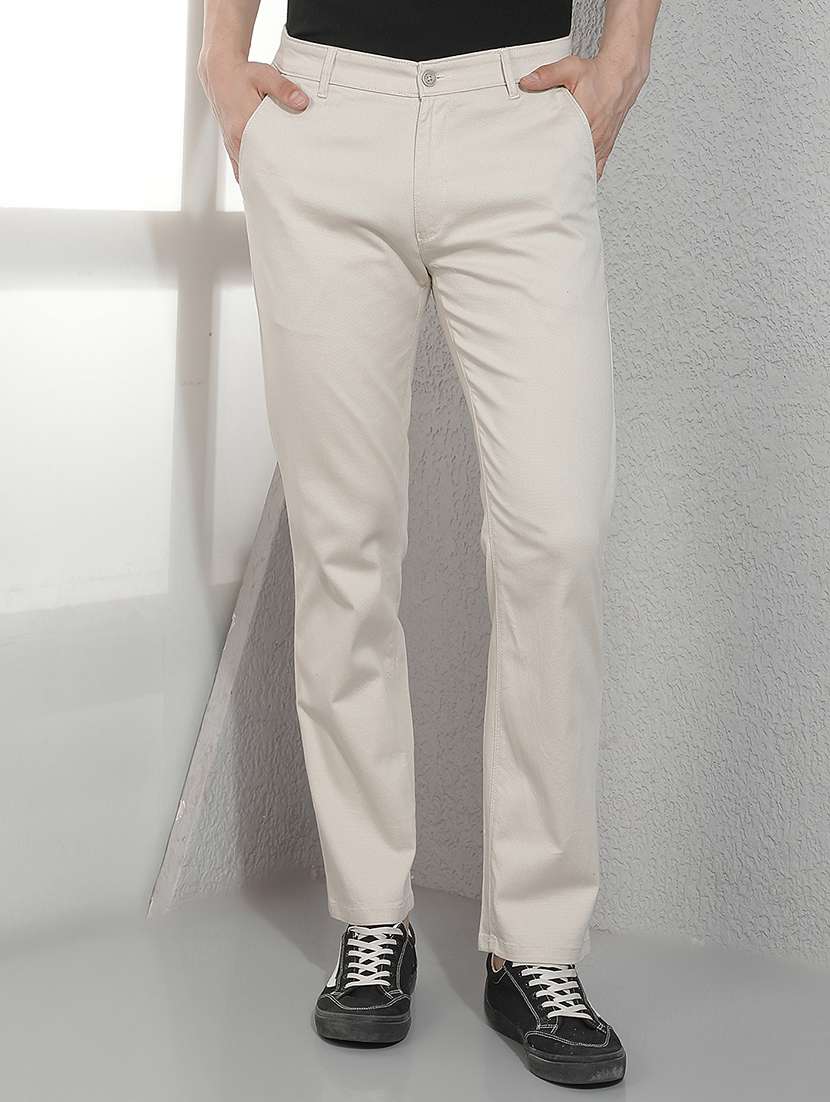 men solid mid rise flat front chinos