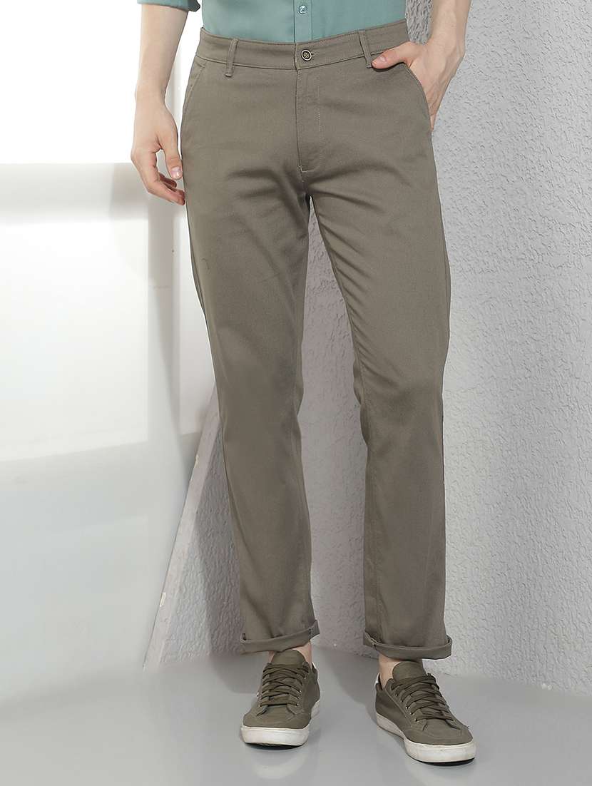 men solid mid rise flat front chinos