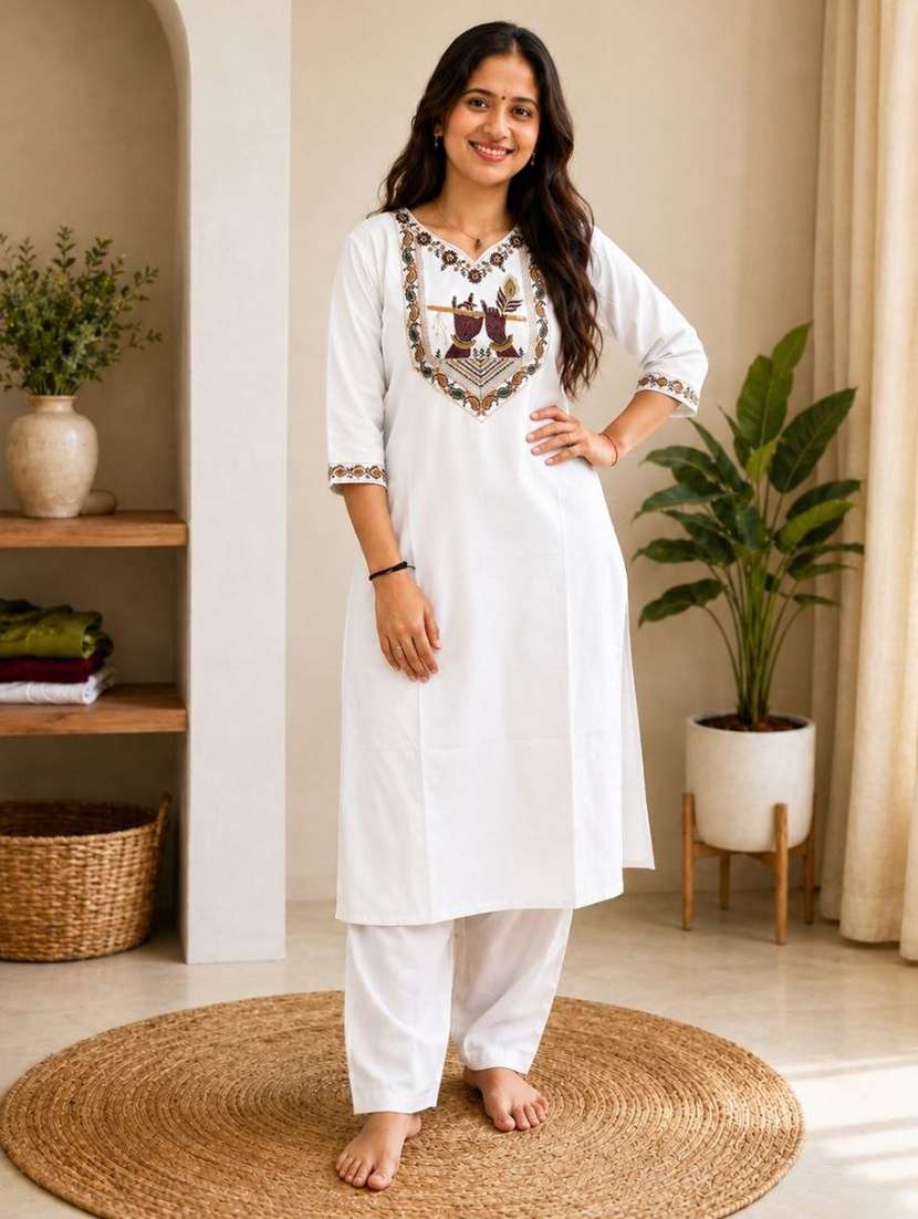 women embroidered three quarter sleeve kurta pant set
