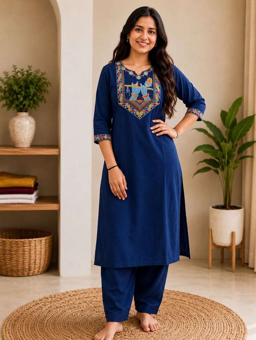 women embroidered three quarter sleeve kurta pant set