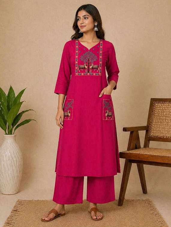 women embroidered three quarter sleeve kurta pant set