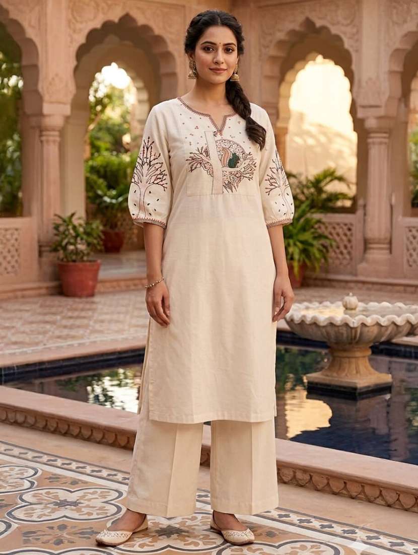 women embroidered three quarter sleeve kurta pant set