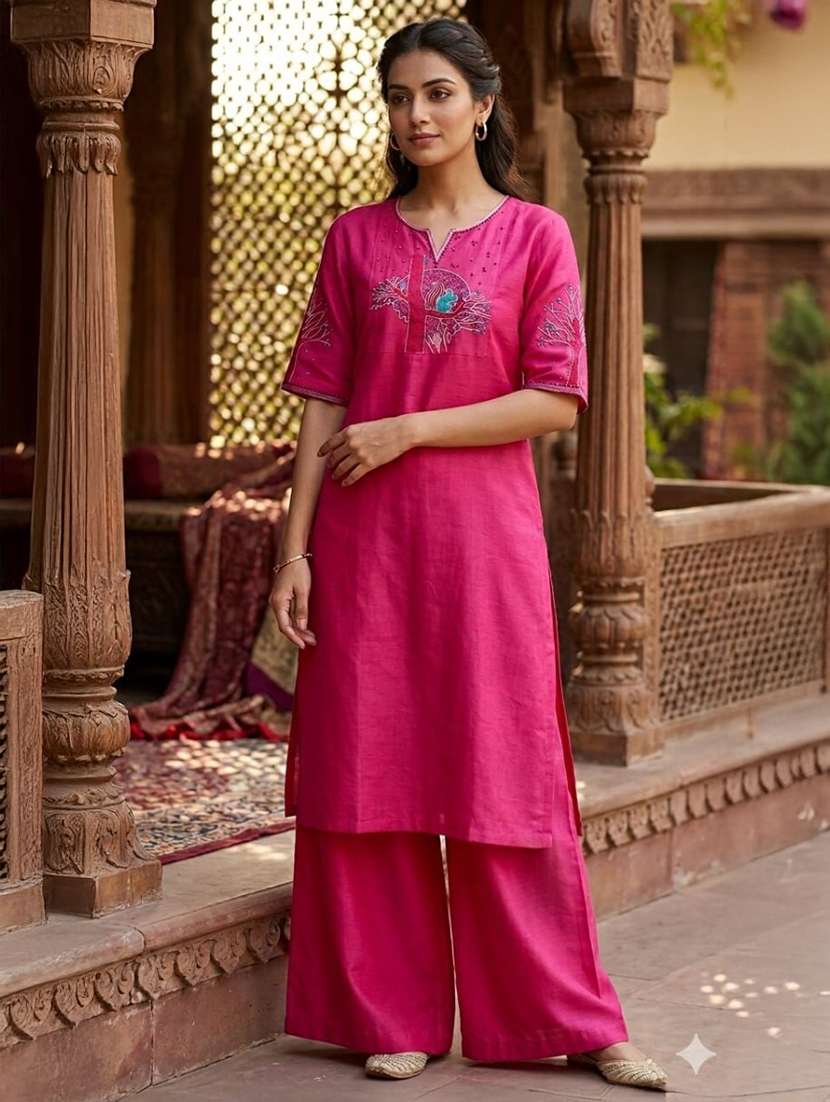 women embroidered short sleeve kurta palazzo set