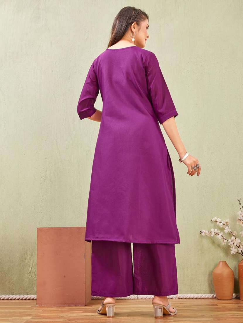 women embroidered three quarter sleeve kurta palazzo set - 22519112 -  Standard Image - 3