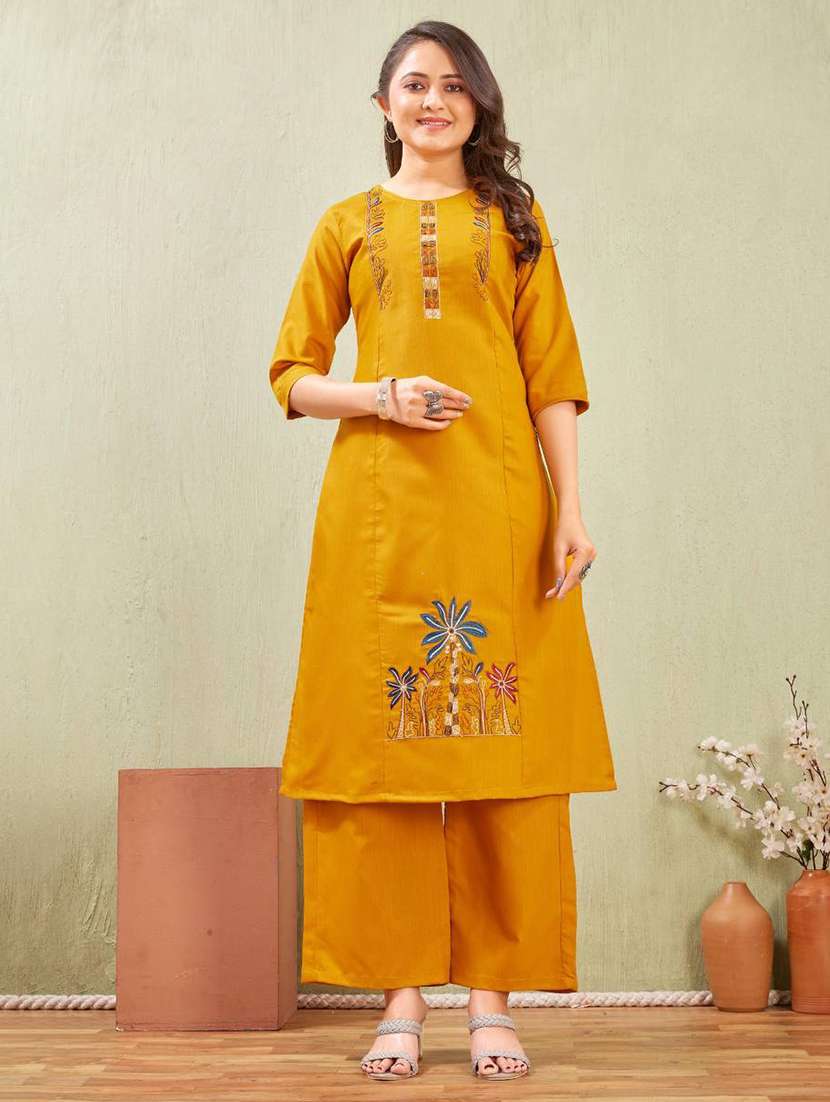 women embroidered three quarter sleeve kurta palazzo set