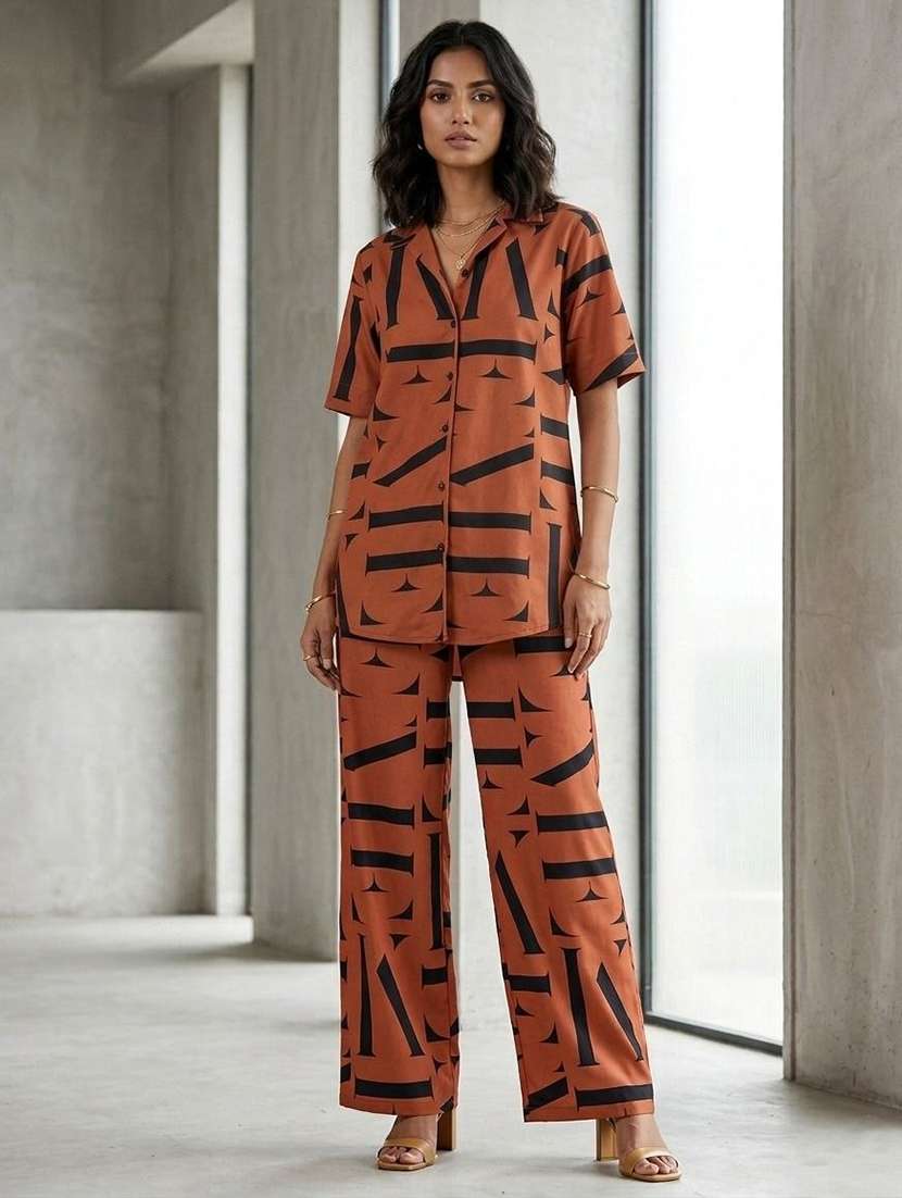 women printed short sleeve shirt & trouser co-ord set