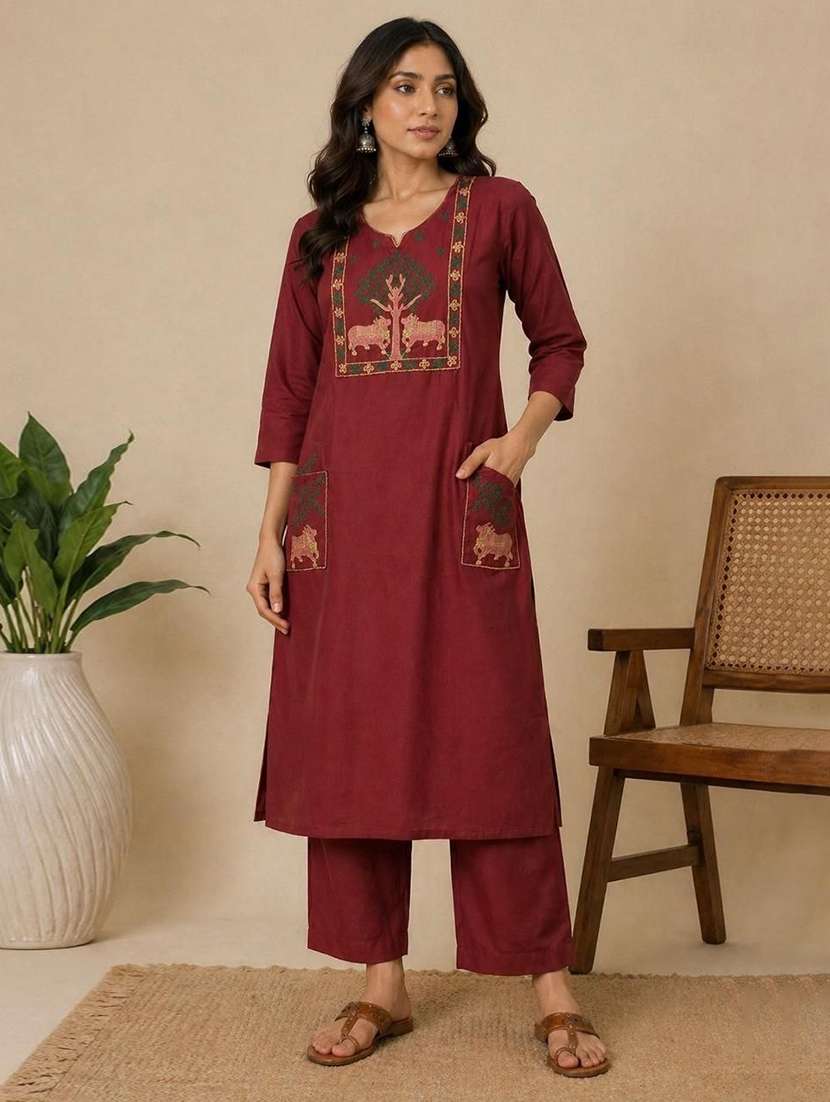 women embroidered three quarter sleeve kurta pant set