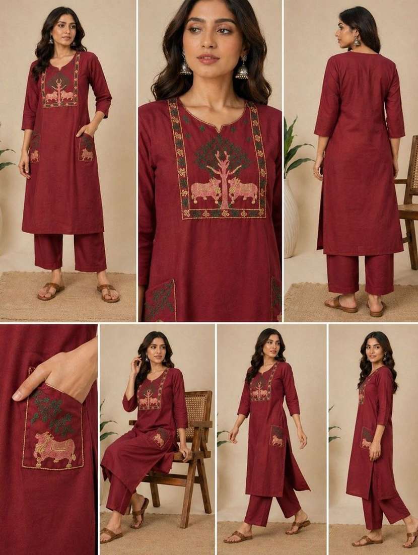 women embroidered three quarter sleeve kurta pant set - 22519124 -  Standard Image - 3