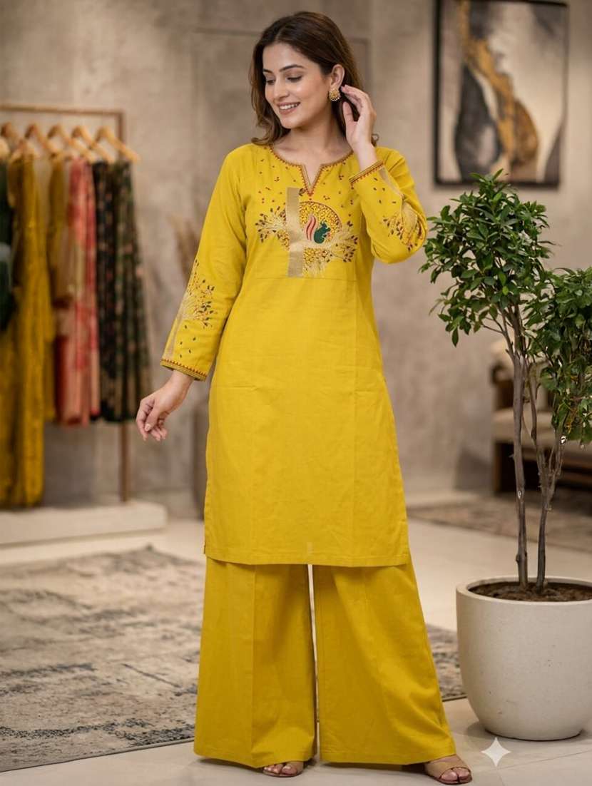 women embroidered long sleeve kurta palazzo set