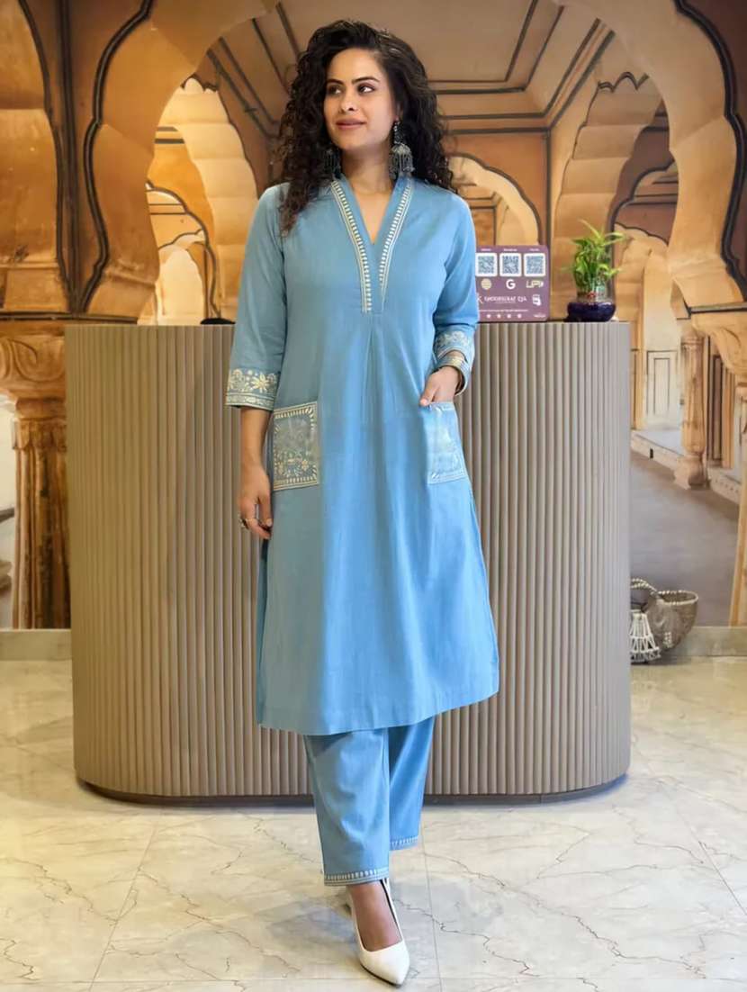women embroidered three quarter sleeve kurta pant set