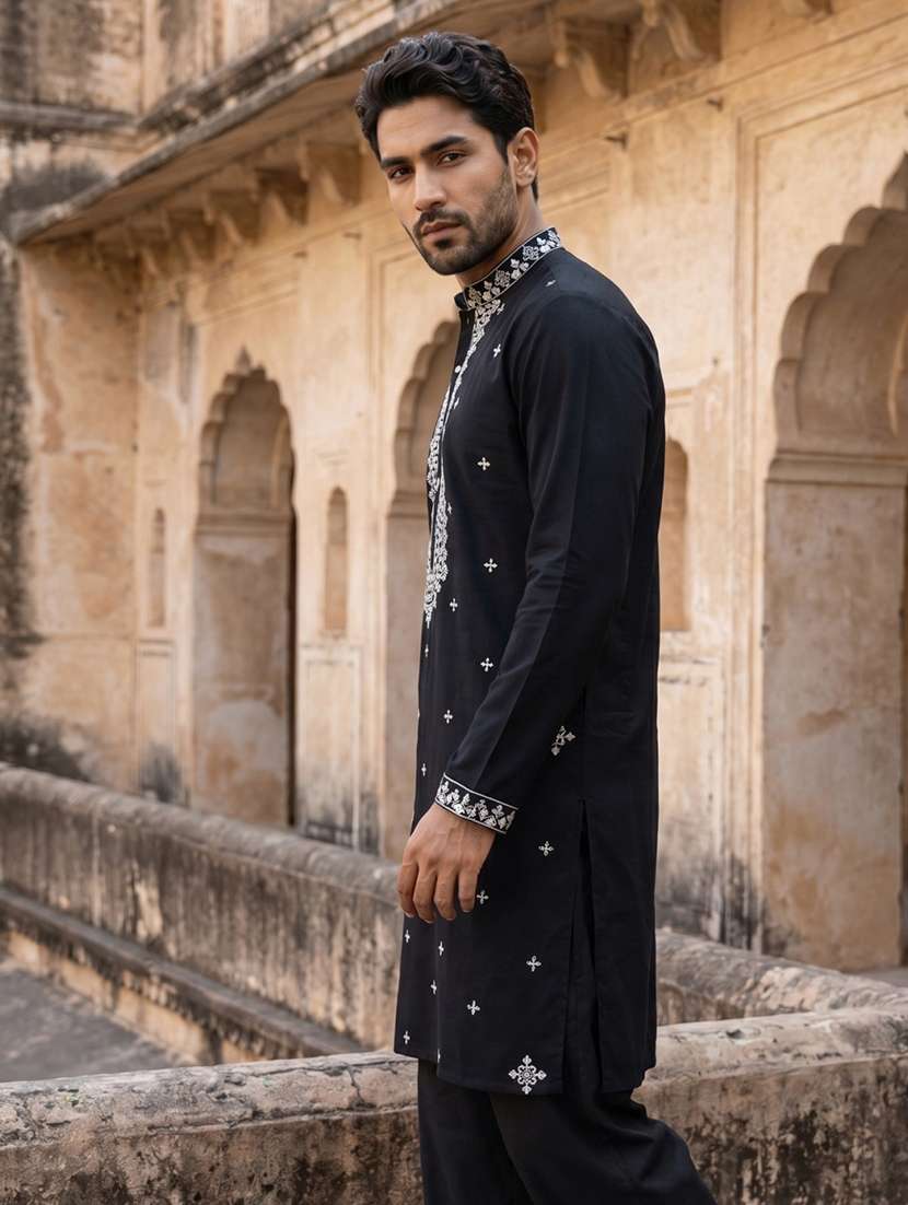 men embroidered mandarin neck long kurta - 22519316 -  Standard Image - 3