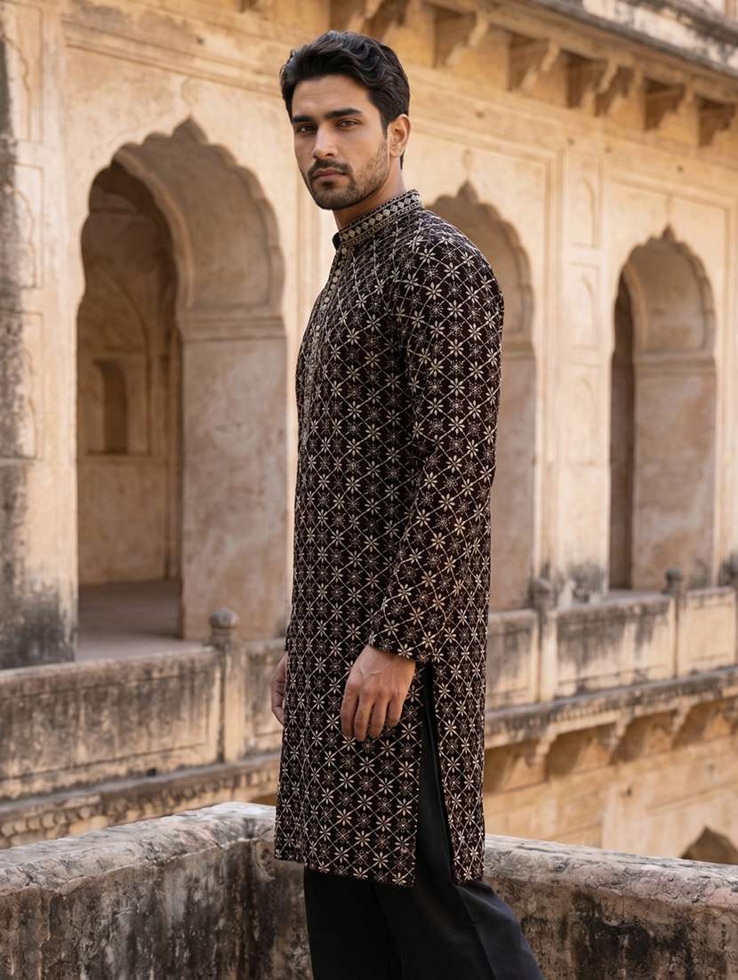 men embroidered mandarin neck long kurta - 22519320 -  Standard Image - 3