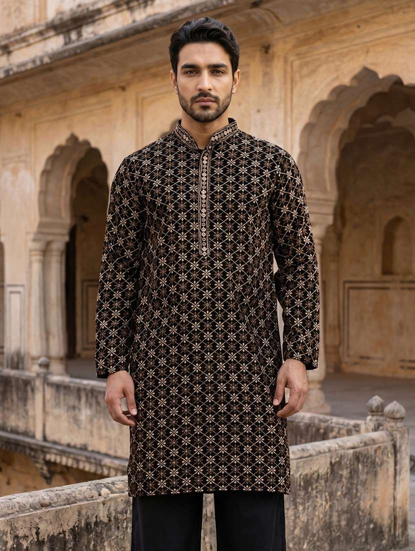 men embroidered mandarin neck long kurta - 22519320 -  Standard Image - 5