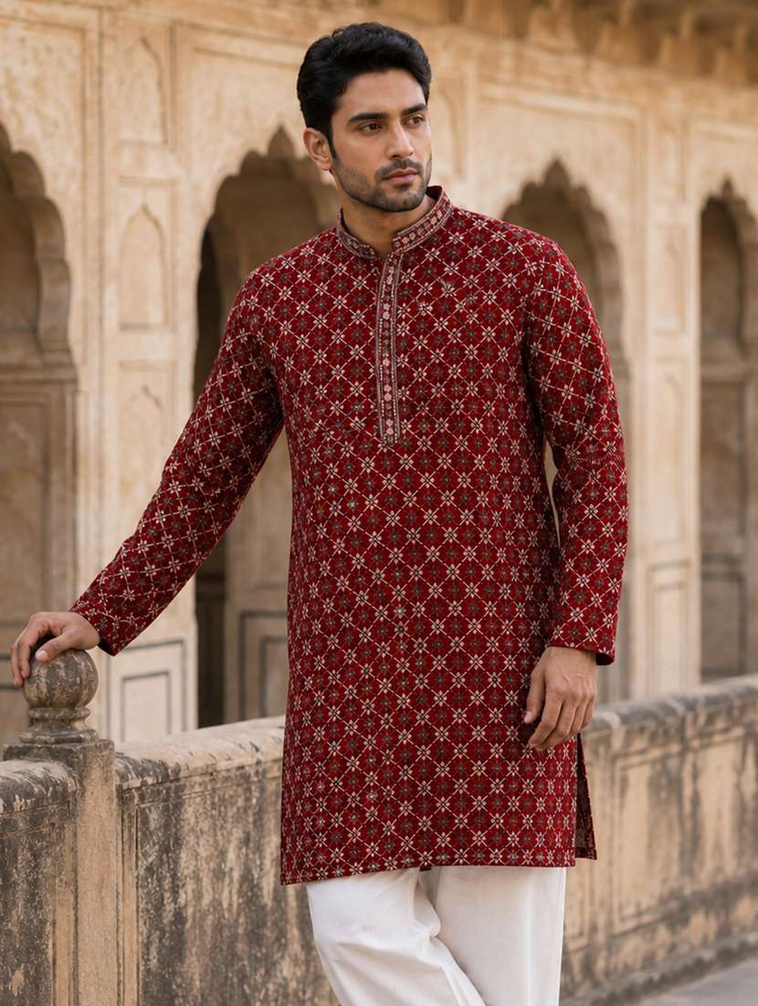 men embroidered mandarin neck long kurta