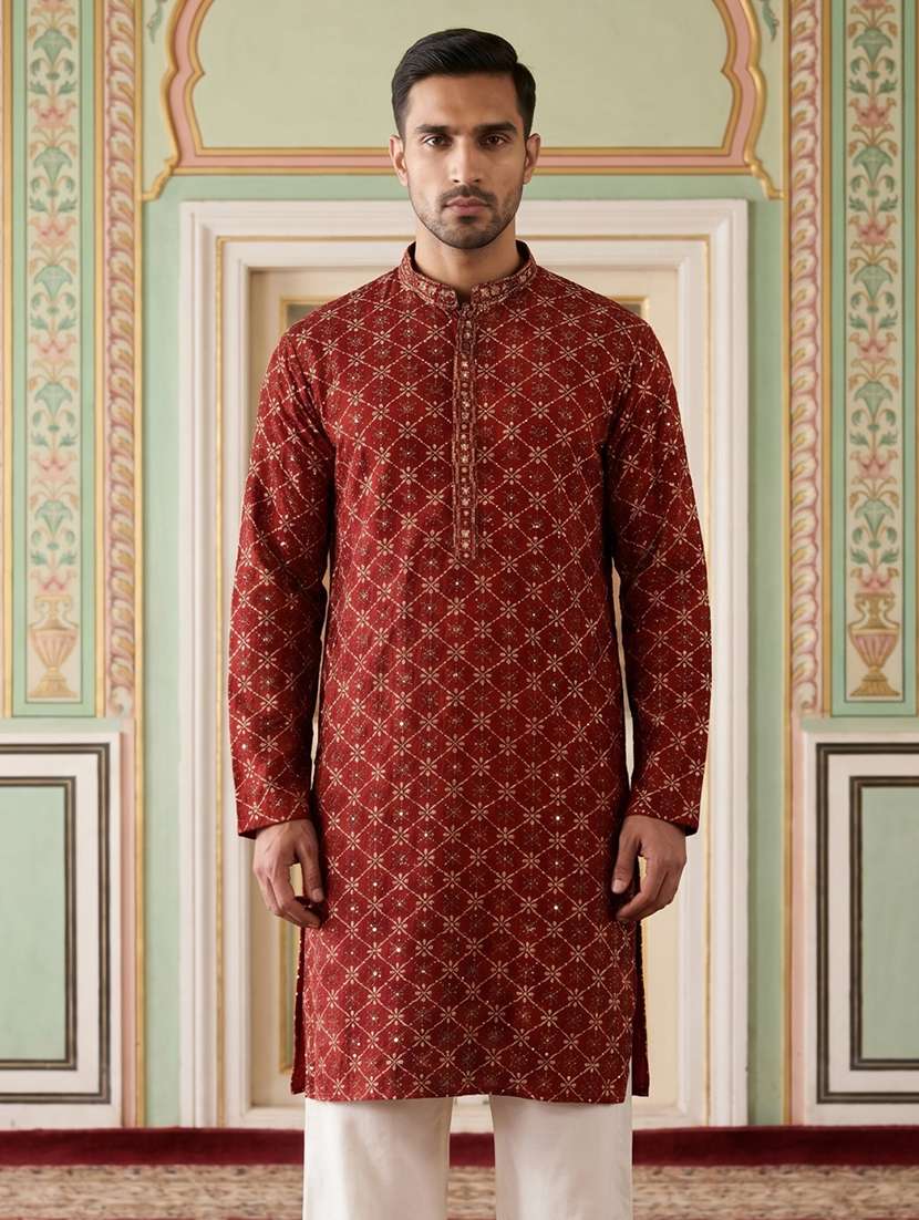 men embroidered mandarin neck long kurta - 22519321 -  Standard Image - 5